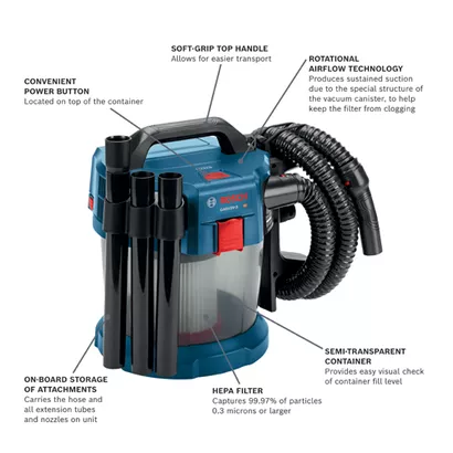 BOSCH GAS18V-3N, 18V 2.6-Gallon Wet/Dry Vacuum Cleaner with HEPA Filter (Bare Tool) - Image 2