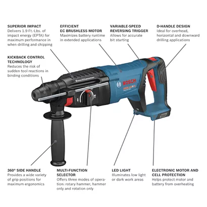 BOSCH GBH18V-26DN, 18V Brushless 1" SDS-plus® D-Handle Rotary Hammer (Bare Tool) - Image 2