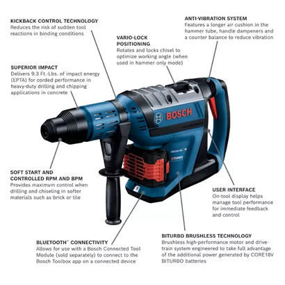 BOSCH GBH18V-45CK24, 18V PROFACTOR 1-7/8" SDS-max Rotary Hammer w/ (2) 8.0 Ah CORE Performance Batteries - Image 2