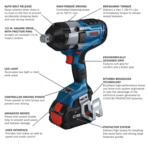 BOSCH GDS18V-770CB14, 18V PROFACTOR Brushless Connected-Ready 3/4 In. Impact Wrench with Friction Ring & Thru Hole Kit w/ (1) 8.0 Ah CORE Performance Battery - Image 2