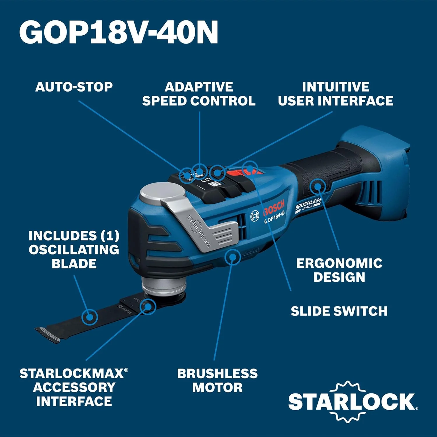 BOSCH GOP18V-40N, 18V Brushless StarlockMax Oscillating Tool w/ 4° Oscillation (Bare Tool) - Image 2