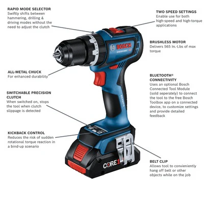 BOSCH GSB18V-800CB24, 1/2 In. Brushless Connected-Ready Hammer Drill/Driver Kit with (2) CORE18V® 4 Ah Advanced Power Batteries - Image 4