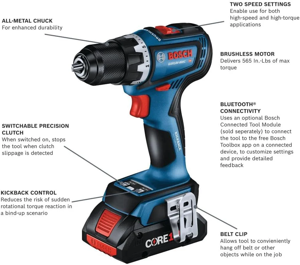 BOSCH GSR18V-800CB24, 18V Brushless Connected-Ready 1/2 In. Drill/Driver Kit with (2) CORE18V® 4 Ah Advanced Power Batteries - Image 2