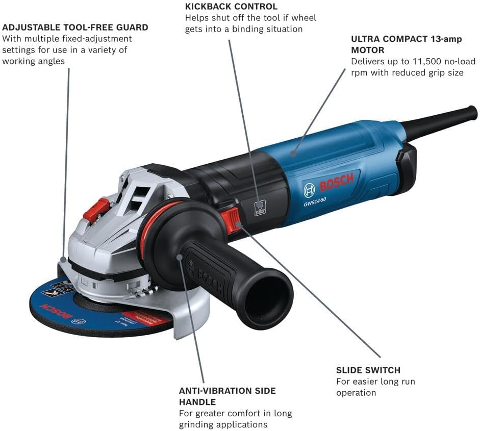BOSCH GWS14-50, 5 In. Angle Grinder Compact Powerful 13-Amp Motor with Slide Switch - High Performance for Grinding and Cutting - Image 2