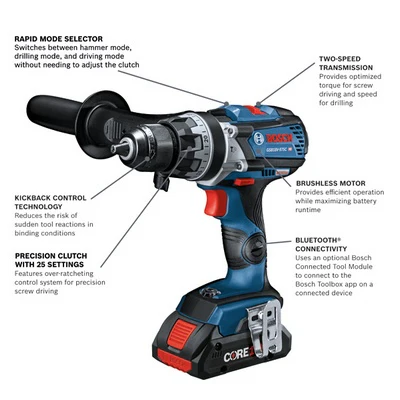 BOSCH GXL18V-227B25, 18V 2-Tool Combo Kit with Connected-Ready Two-In-One 1/4 In. Bit/Socket Impact Driver/Wrench, 1/2 In. Hammer Drill/Driver and (2) CORE18V® 4 Ah Advanced Power Batteries - Image 12