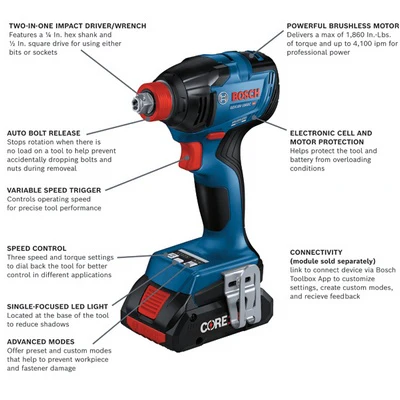 BOSCH GXL18V-260B26, 18V 2-Tool Combo Kit with Connected-Ready 1/2 In. Hammer Drill/Driver, Connected-Ready Two-In-One 1/4 In. and 1/2 In. Bit/Socket Impact Driver/Wrench, (1) CORE18V 8 Ah High Power Battery and (1) CORE18V 4 Ah Advanced Power Battery - Image 4