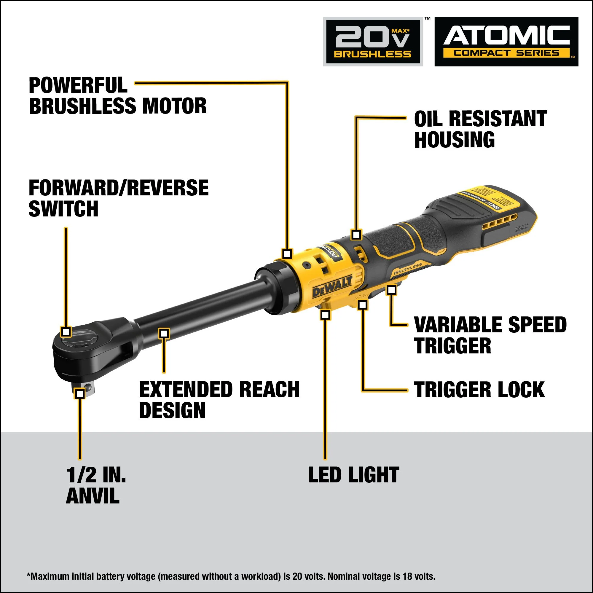 DEWALT DCF512EB, ATOMIC 20V MAX* Brushless 1/2" Extended Reach Ratchet (Tool Only) - Image 3