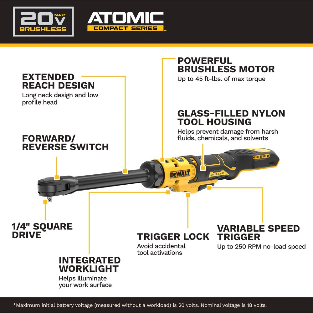 DEWALT DCF514B, ATOMIC 20V MAX* Brushless 1/4" Ratchet (Tool Only) - Image 6