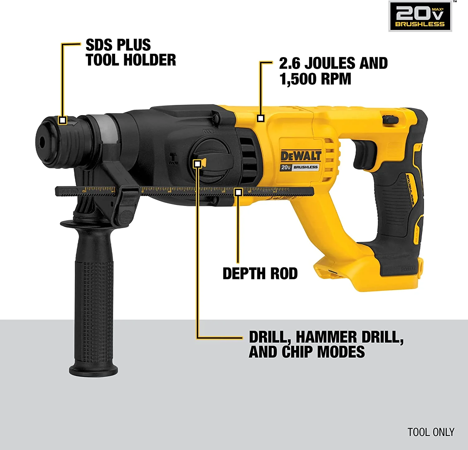 DEWALT DCH133B, 20V MAX XR Brushless 1 in. D-handle Rotary Hammer (Tool Only) - Image 5