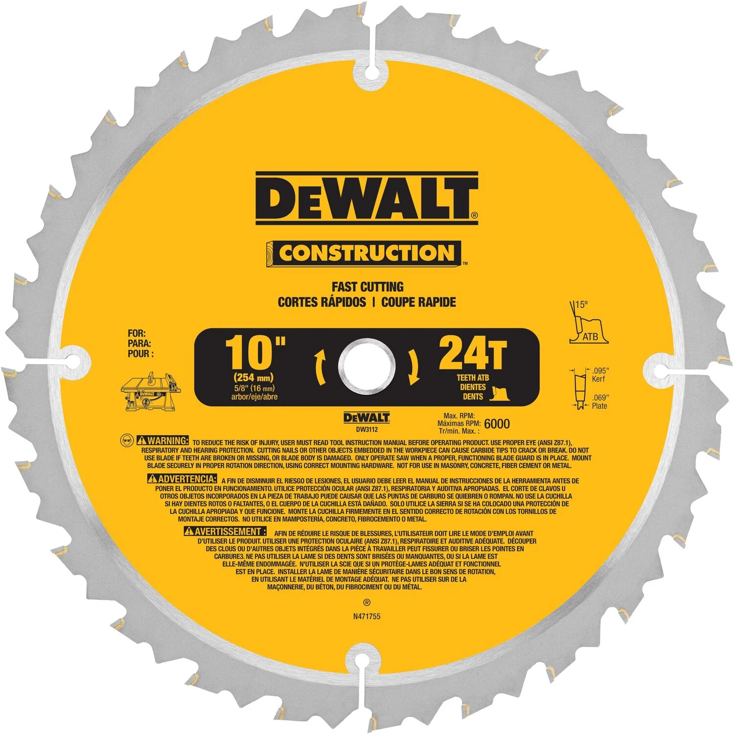 DEWALT DW3112, Series 20 10'' 24T Thin Kerf Construction Saw Blade - Image 3