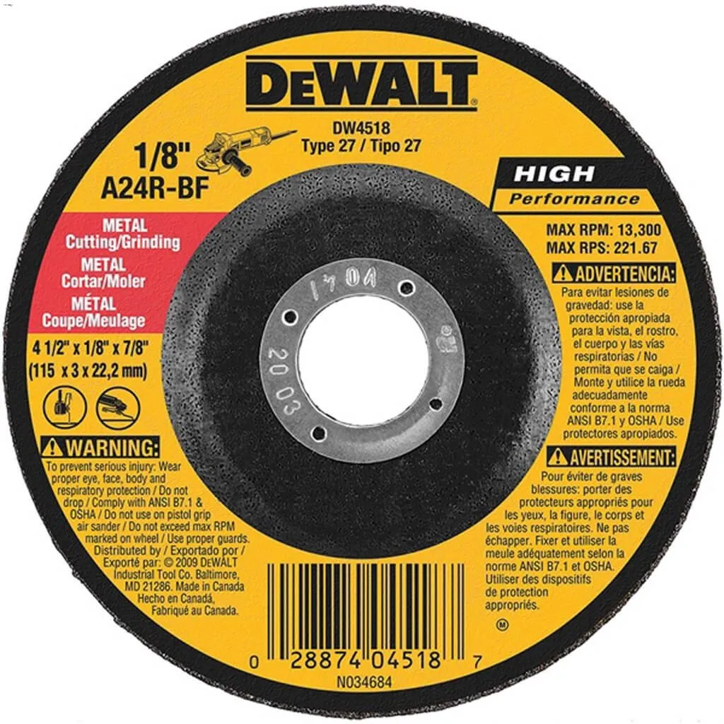 DeWalt DW4518, 4-1/2'' X 1/8'' Metal Cut Wheel (25/Pack)