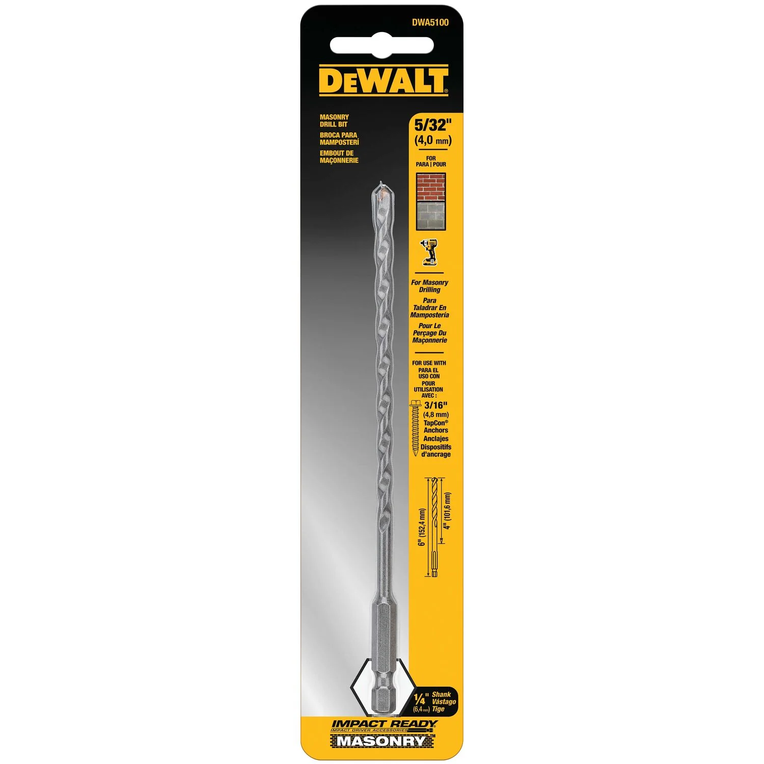 DEWALT DW5223B25, 3/16'' x 6'' Drill Bit Premium Percussion (25/Pkg sold/ea) - Image 2