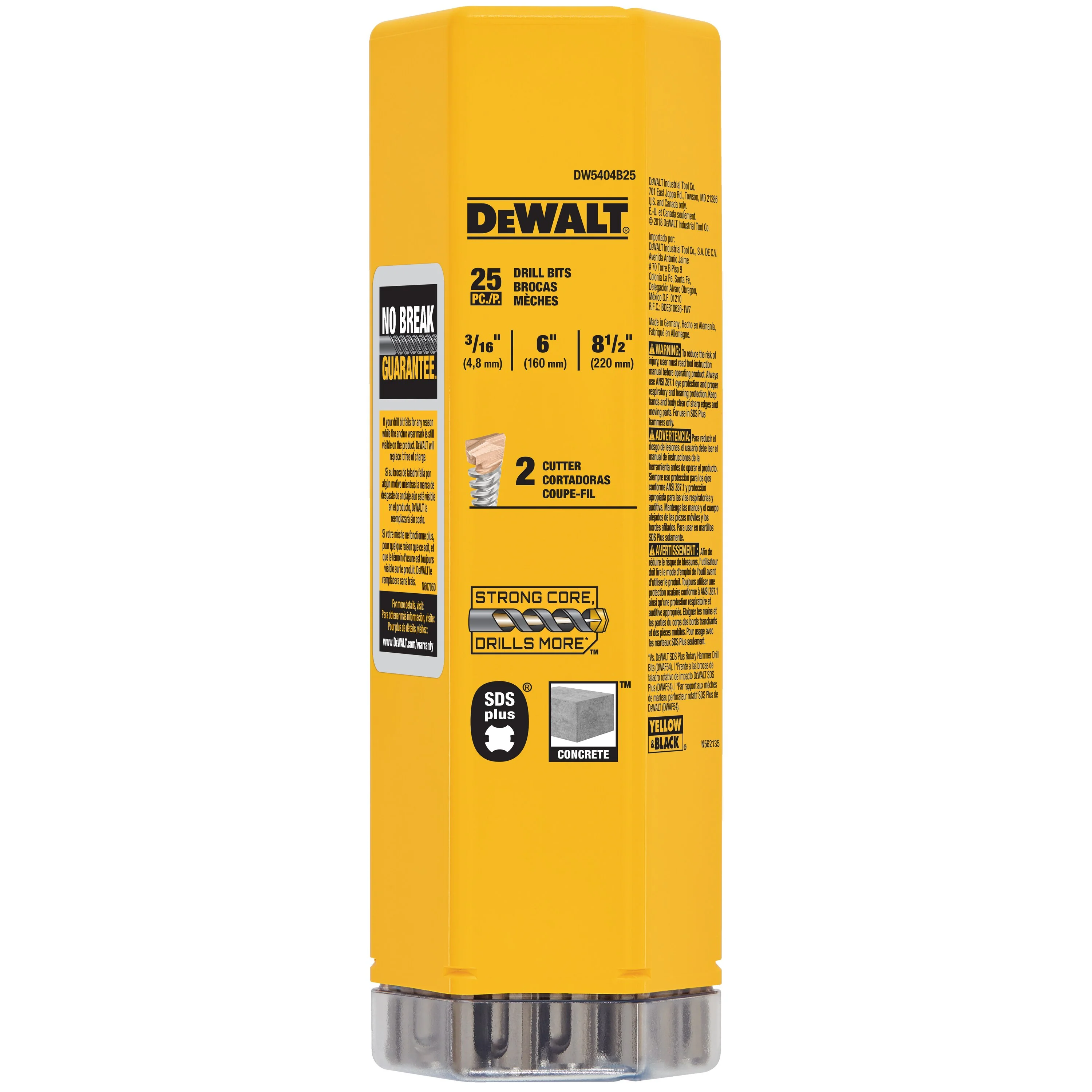 DEWALT DW5404B25, 3/16'' x 6-1/2'' x 8-1/2'' SDS Plus 2 Cutter Drill Bits (25/pkg) - Image 2