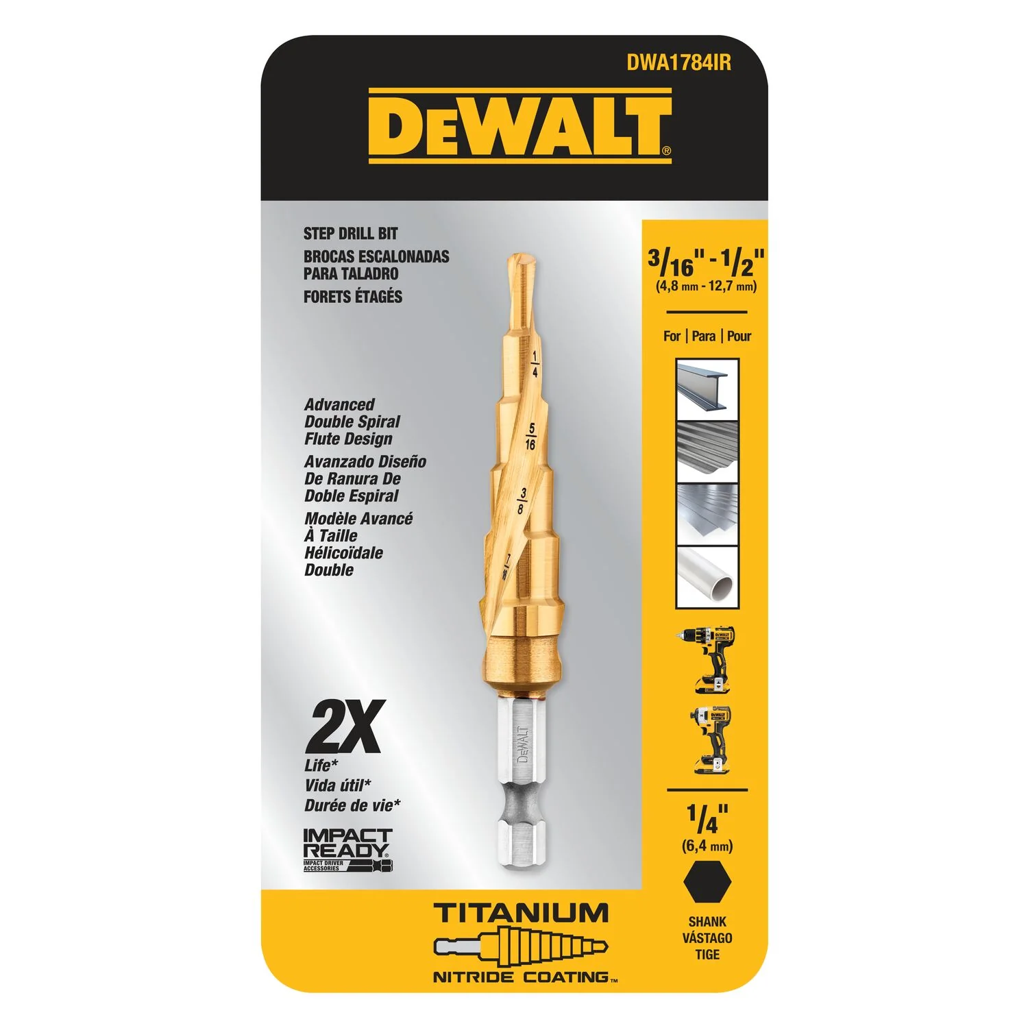 DEWALT DWA1784IR, 3/16'' - 1/2'' IMPACT READY Step Drill Bit - Image 2