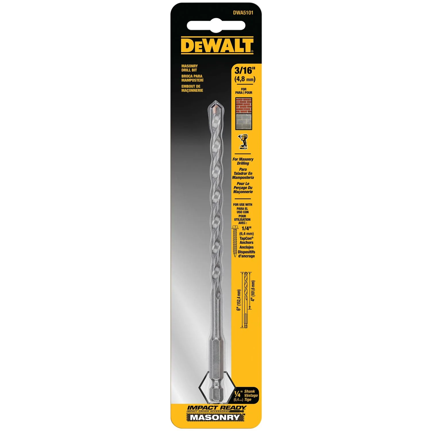 DEWALT DWA5101, Impact Ready Masonry Bit 3/16 x 4 x 6 - Image 2