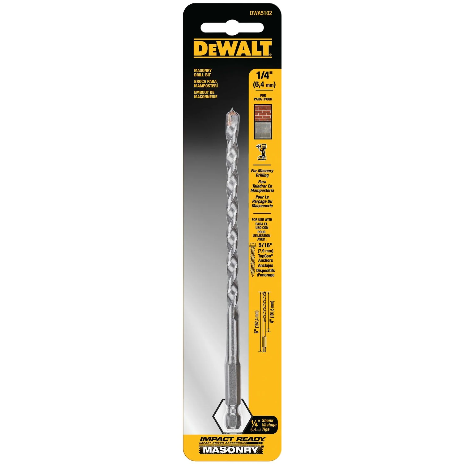 DEWALT DWA5102, Impact Ready Masonry Bit 1/4 x 4 x 6 - Image 3