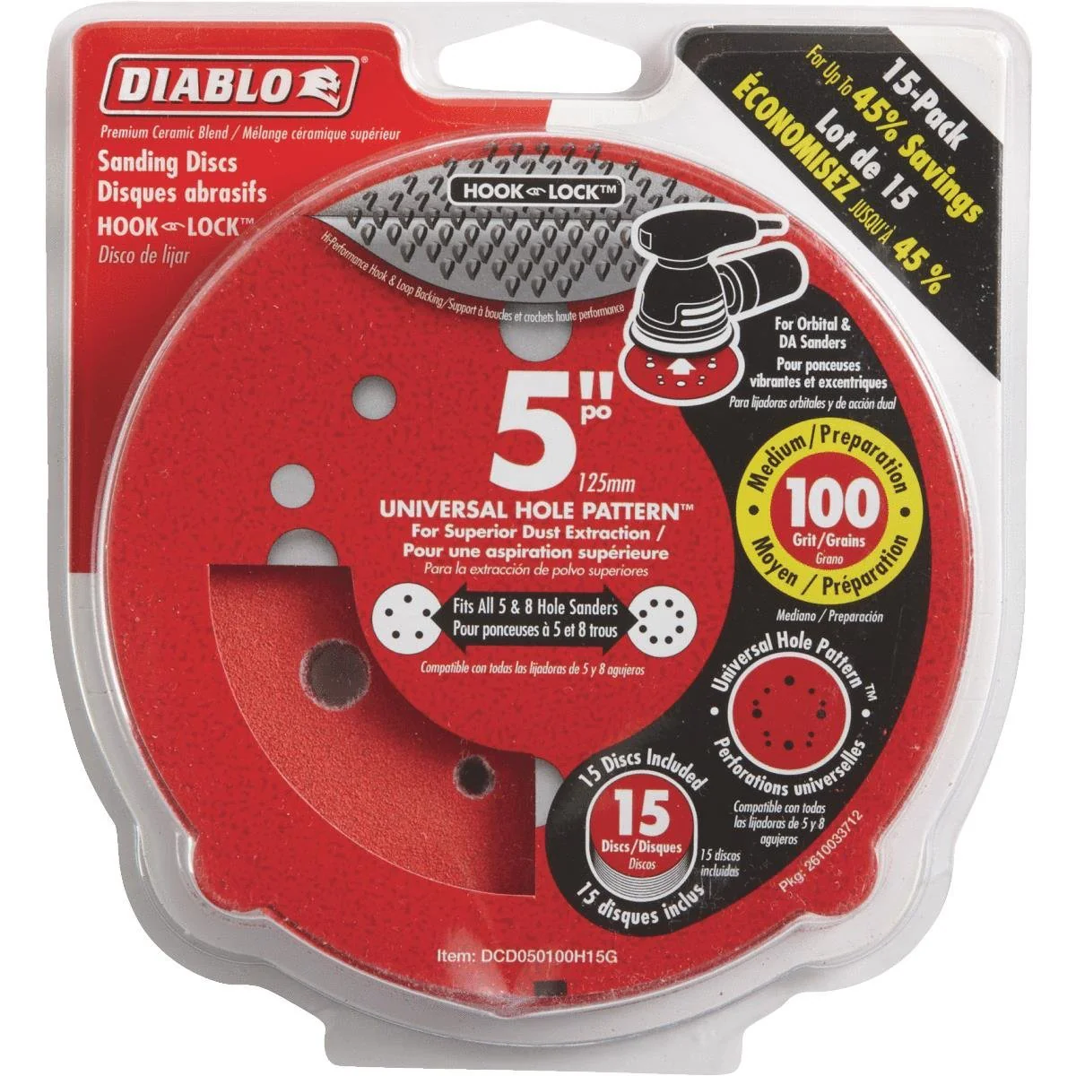 Diablo DCD050100H15G, 5" Sanding Disc Hook and Lock 100 grit (15/pkg)