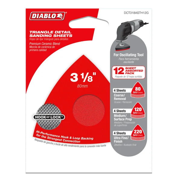 Diablo DCT318ASTH12G, 3-1/8" Assorted Oscillating Triangle Detail Sanding Sheets - Image 2