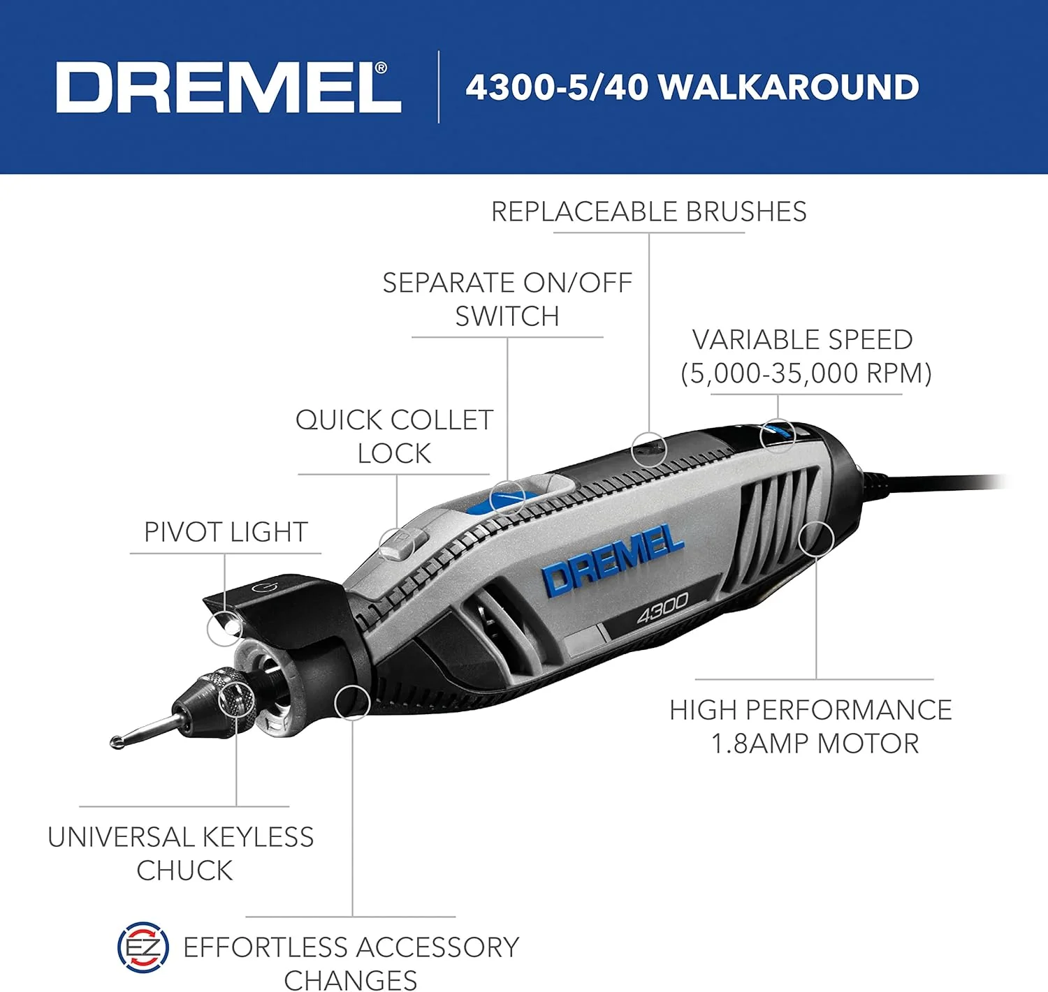 DREMEL 4300-5/40, High Performance Rotary Tool Kit with LED Light (5 Attachments, 40 Accessories) - Image 4