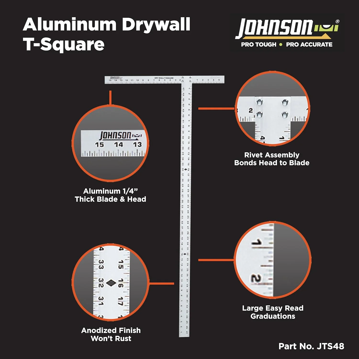 Johnson JTS48, 48" Professional Aluminum Drywall T-Square - Image 2
