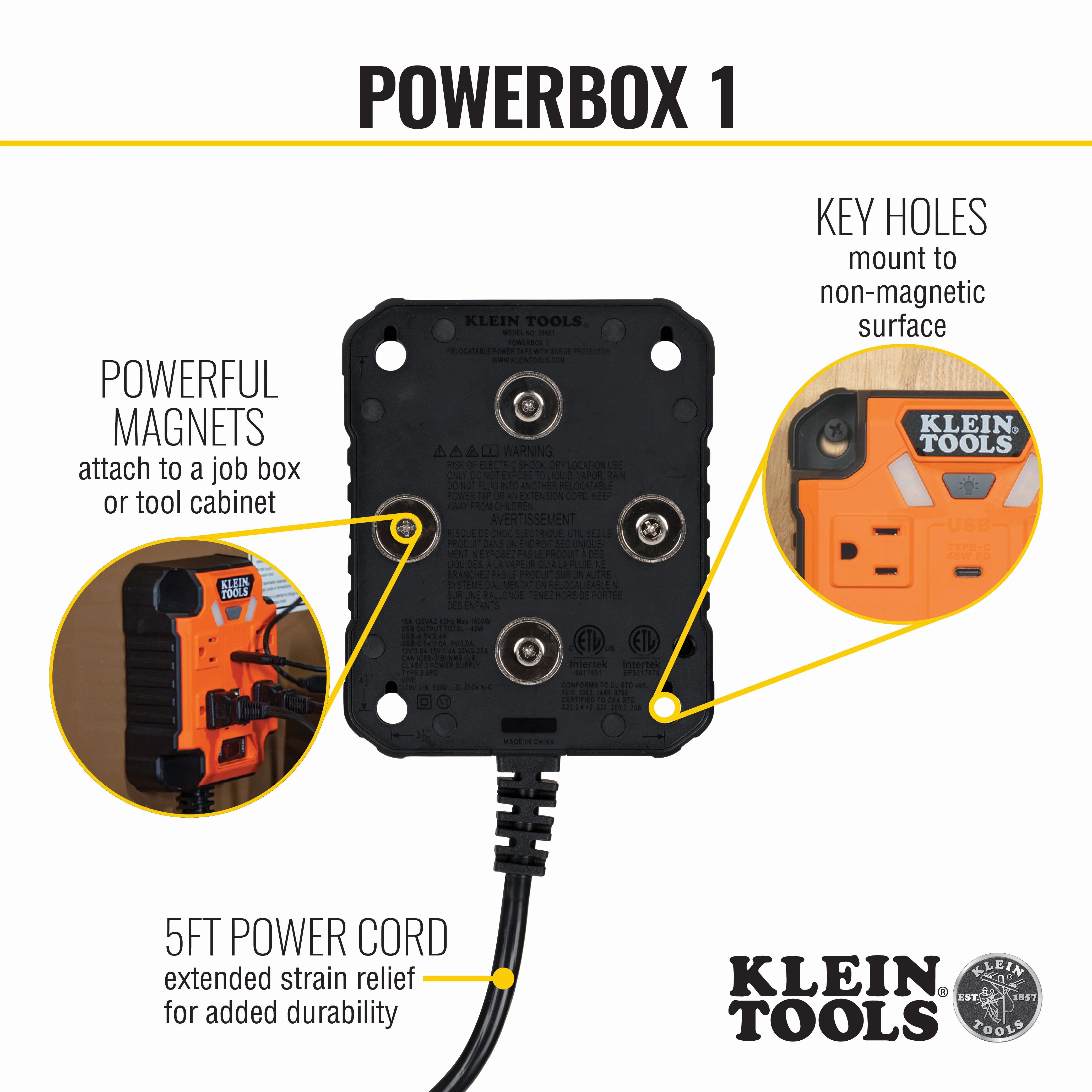 Klein Tools 29601, PowerBox 1, Magnetic Mounted Power Strip with Integrated LED Lights - Image 4