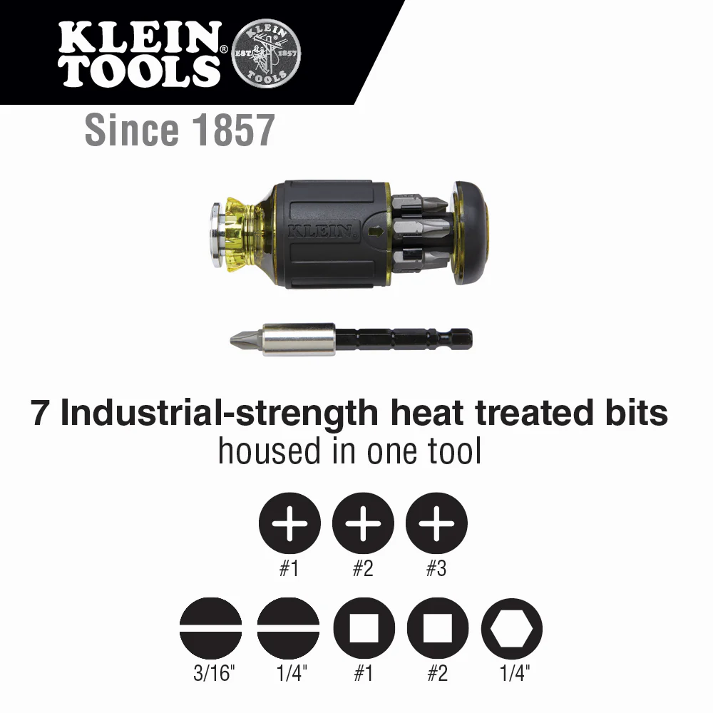 Klein Tools 32308, 8-in-1 Multi-Bit Adjustable Length Stubby Screwdriver - Image 2