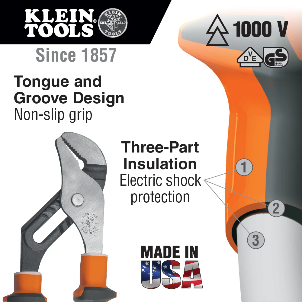 Klein Tools 50210EINS, Insulated Pump Pliers, Slim Handle, 10-Inch - Image 2