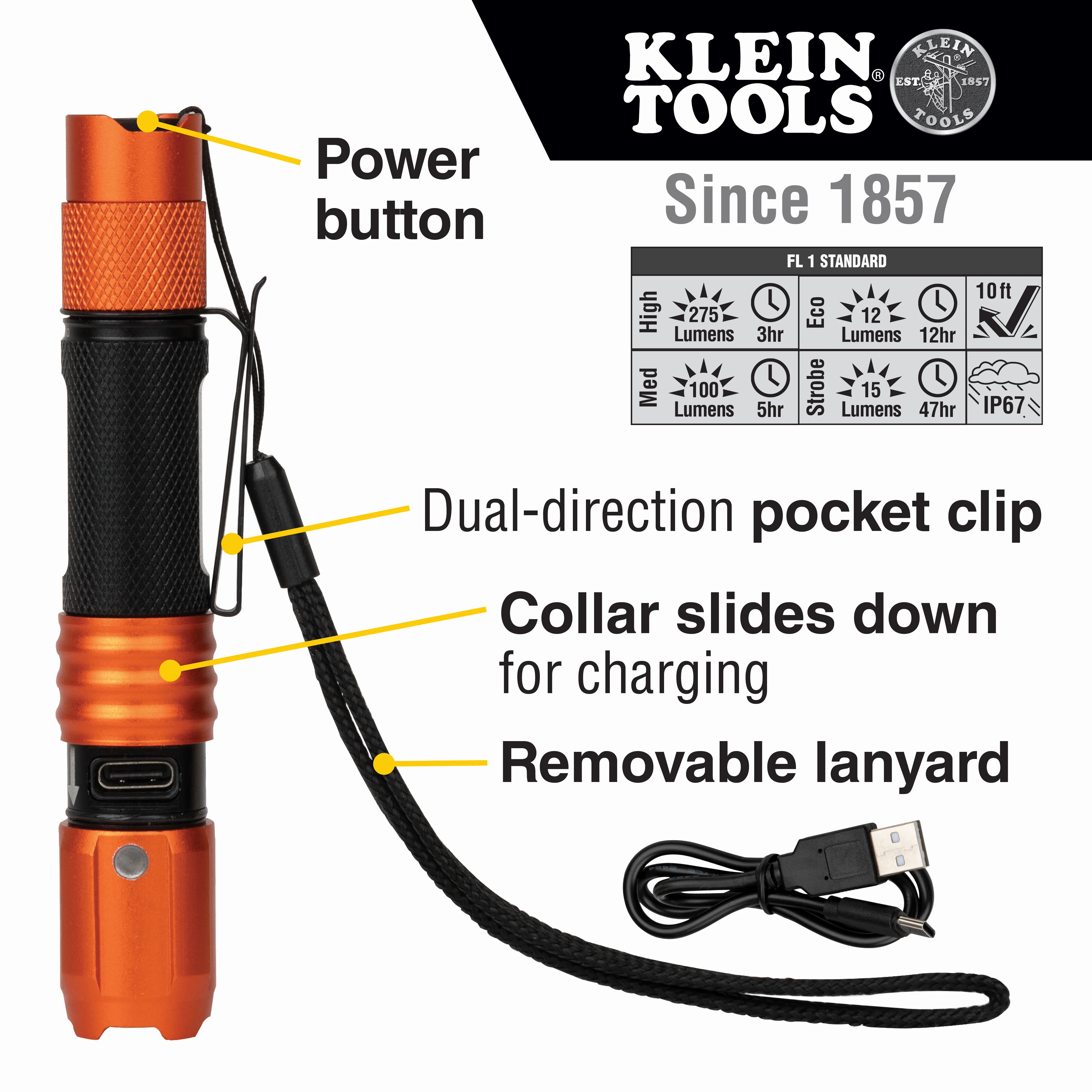 Klein Tools 56411, Rechargeable Waterproof LED Pocket Light with Lanyard