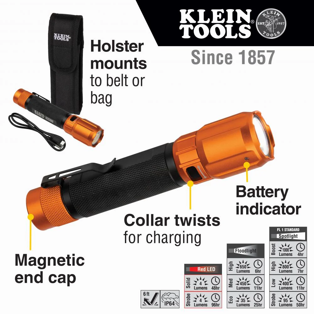 Klein Tools 56413, Rechargeable 2-Color LED Flashlight with Holster - Image 10