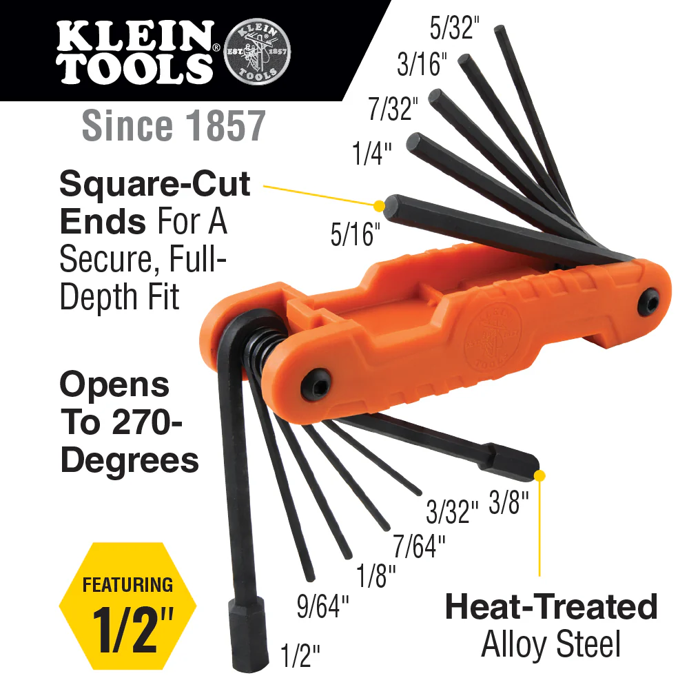 Klein Tools 70553, Pro Folding Hex Key Set, 31-Key, SAE, Metric, TORX® Sizes, 3-Piece