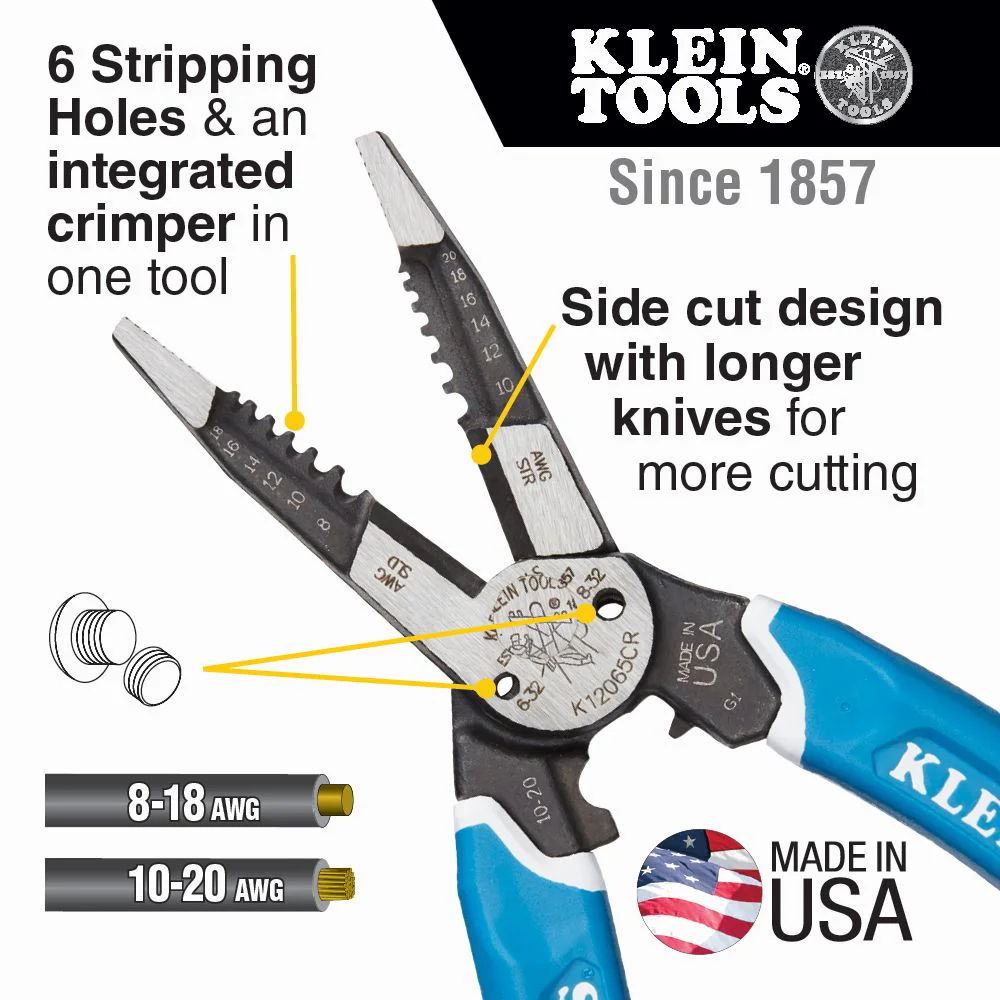Klein Tools K12065CR, Klein-Kurve® Heavy-Duty Wire Stripper / Cutter / Crimper Multi Tool, 8-20 AWG - Image 6