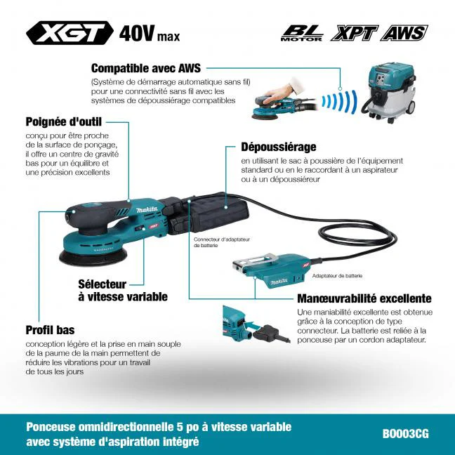 Makita BO003CGZ, 40V Max XGT Brushless 5" Random Orbit Sander W/AWS (Tool Only) - Image 14