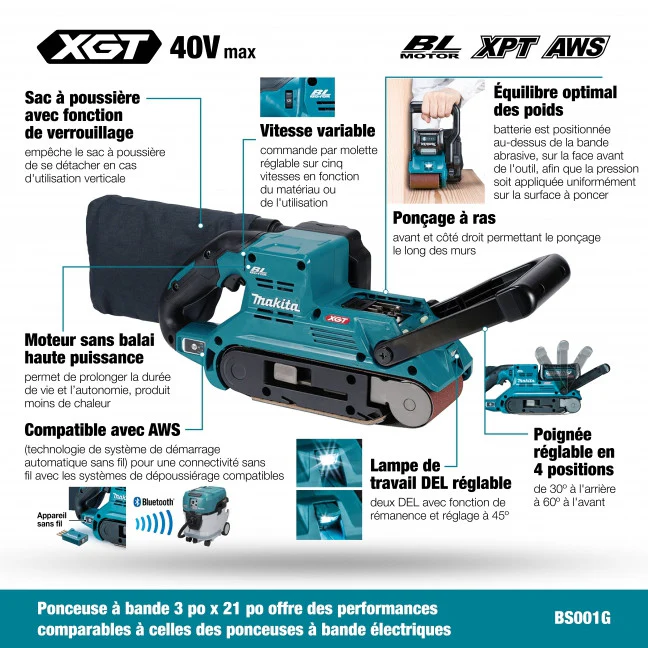 Makita BS001GZ, 40V Max XGT Brushless 3" X 21" Belt Sander (Tool Only) - Image 3