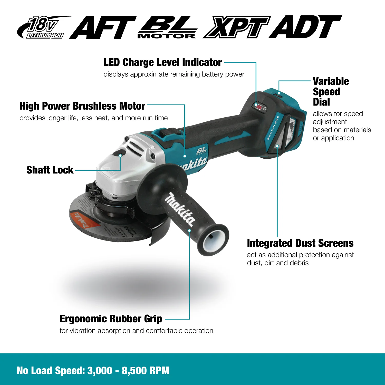 Makita DGA511Z, 18V LXT Brushless 5" Angle Grinder w/Thumb Switch (Tool Only) - Image 3