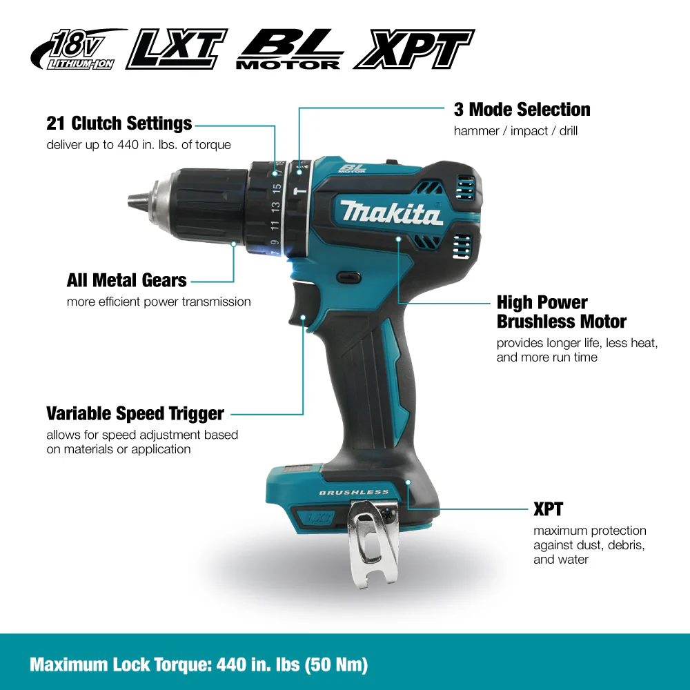 Makita DHP485Z, 18V LXT Brushless 1/2" Hammer Driver Drill (Tool Only) - Image 4