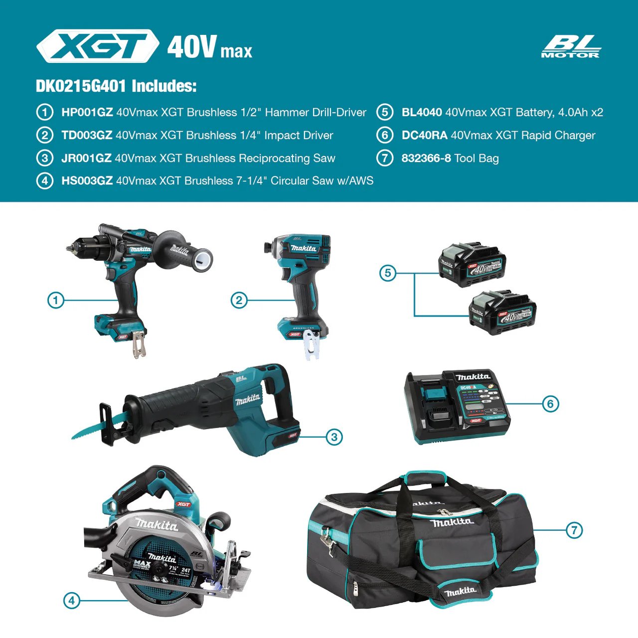 Makita DK0215G401, 40V Max XGT Brushless 4 Tool Combo Kit, 4.0Ah X2 - Image 9