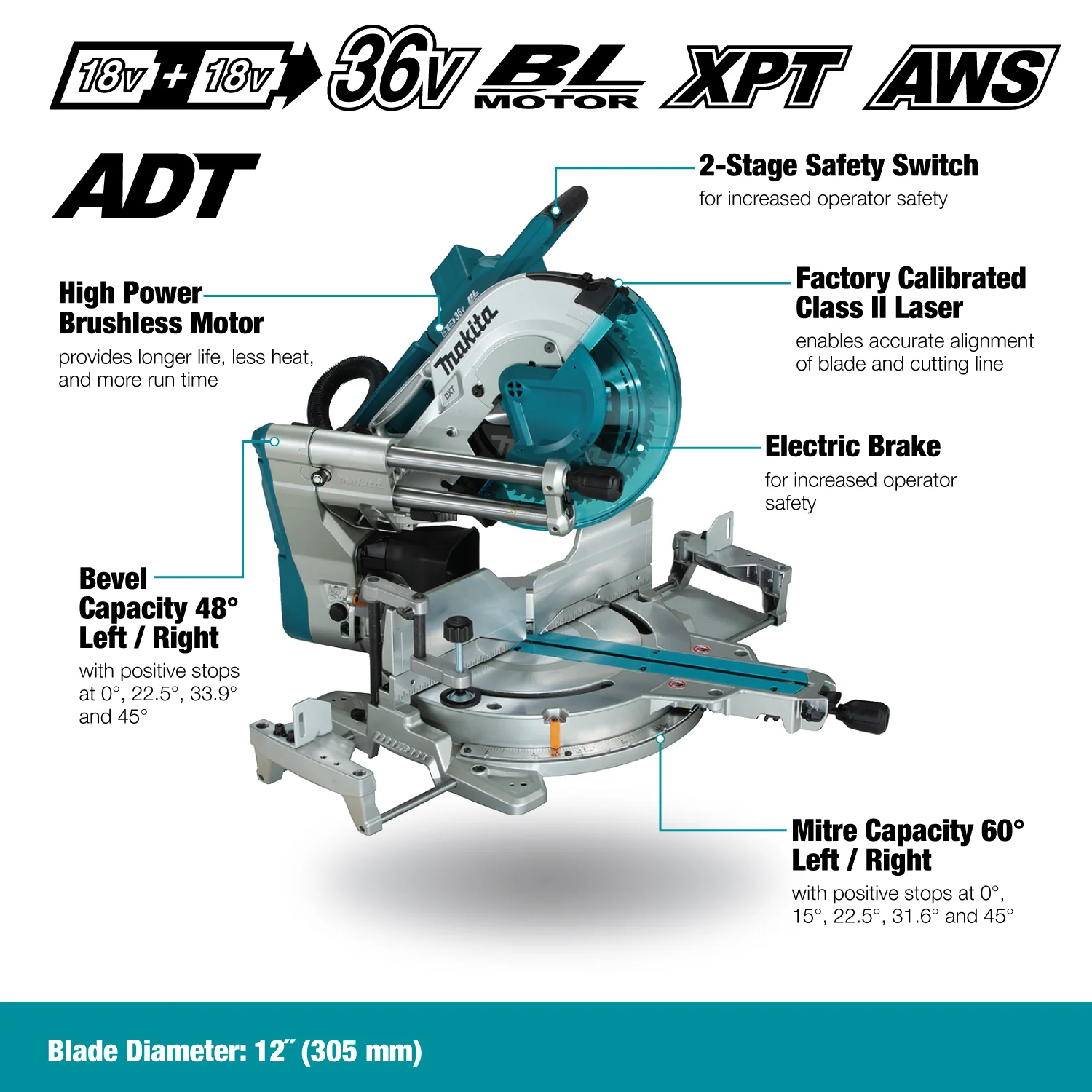 Makita DLS211Z, 12" Cordless Sliding Compound Miter Saw with Brushless Motor, Laser & AWS - Image 3