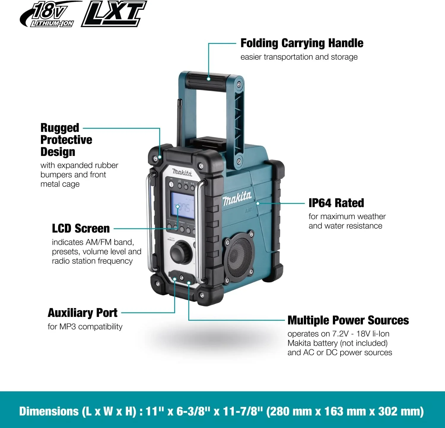 Makita DMR116, 18V LXT Cordless or Electric Jobsite Radio (Tool Only) - Image 2