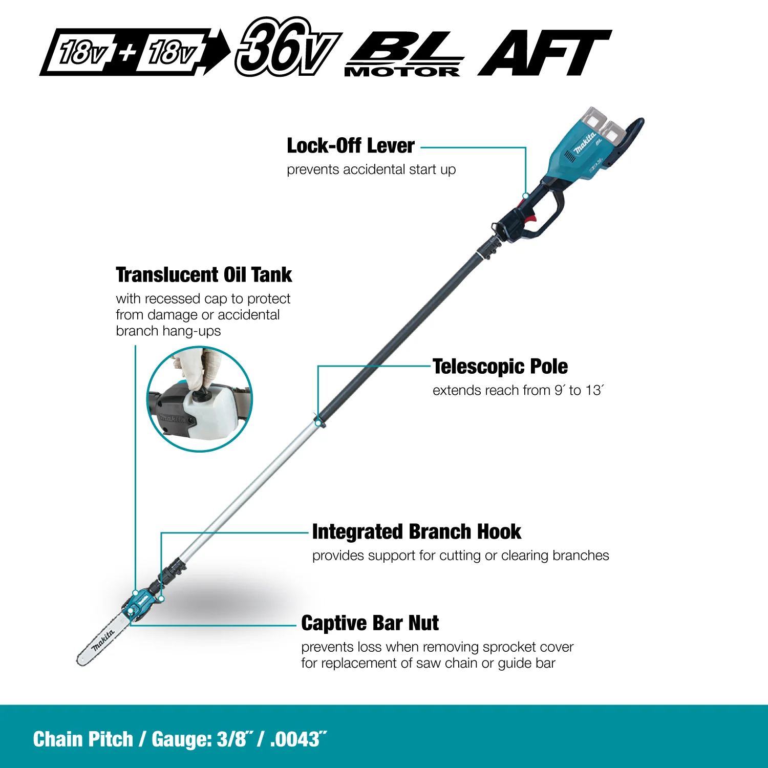 Makita DUA251Z, 36V(18Vx2)LXT Brushless Cordless 10" Telescopic Pole Chainsaw w/XPT (Tool Only) - Image 4