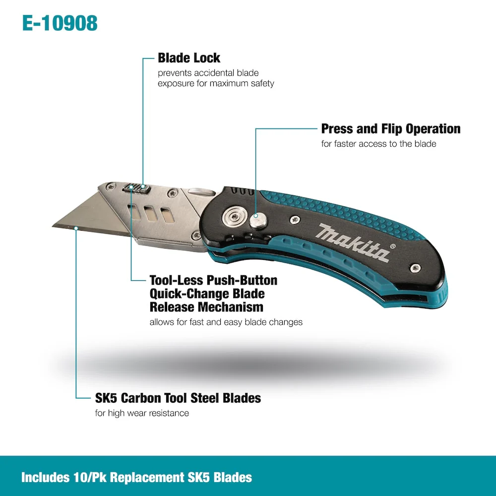 Makita E-10908, FASTBACK Folding Utility Knife w/ 10 Pc. Replacement Blades - Image 2