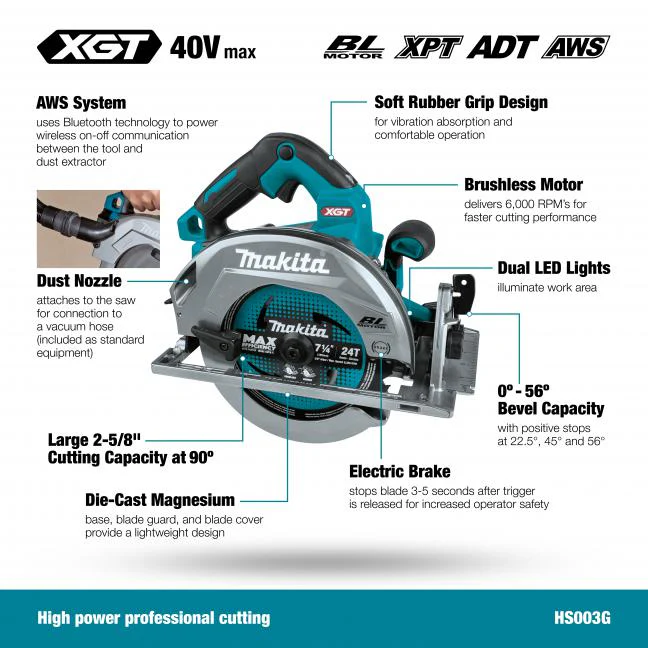 Makita HS003GZ, 40V MAX XGT Li-Ion 7-1/4” Circular Saw with Brushless Motor & AWS (Tool Only) - Image 8