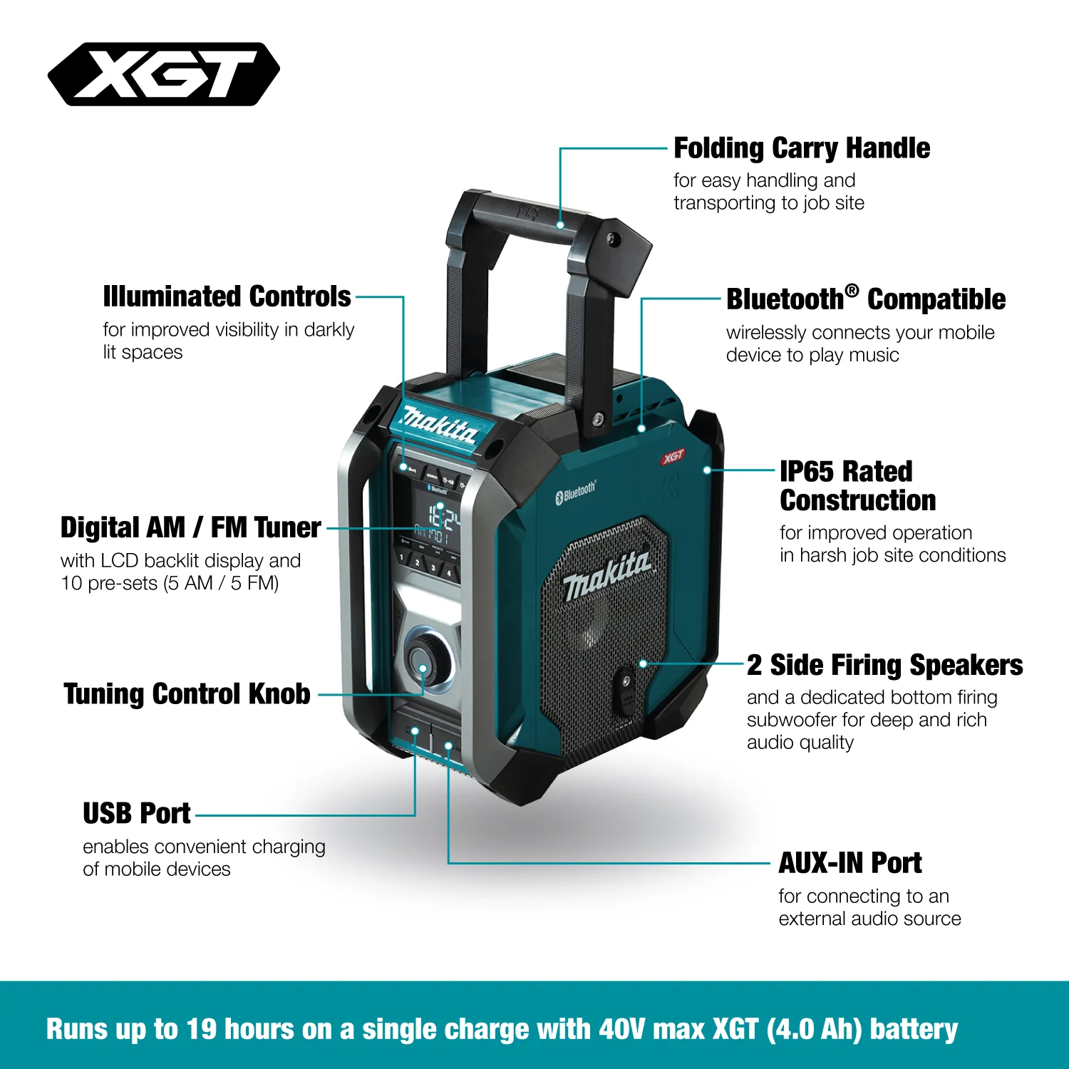 Makita MR006G, 40V MAX XGT Cordless or Electric Jobsite Radio with Bluetooth - Image 3