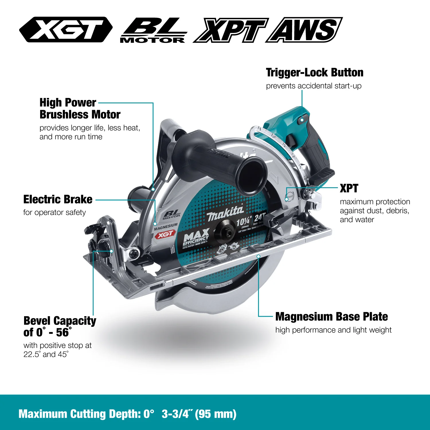 Makita RS002GM101, XGT 40V (4.0 Ah) MAX Li-Ion Brushless 10-1/4" Rear-Handle Circular Saw Kit - Image 5