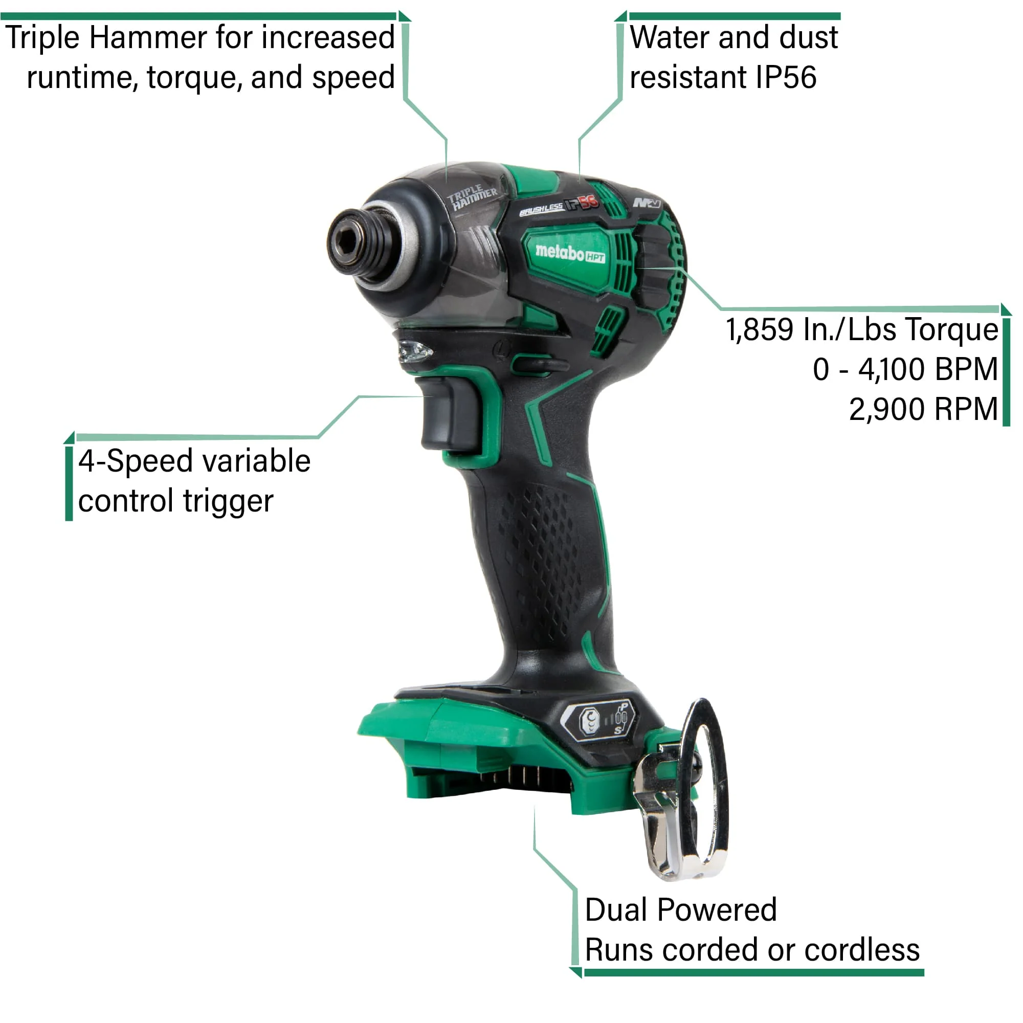 Metabo HPT WH36DB, MultiVolt™ 36V Triple Hammer Impact Driver 4.0Ah x 2 - Image 2