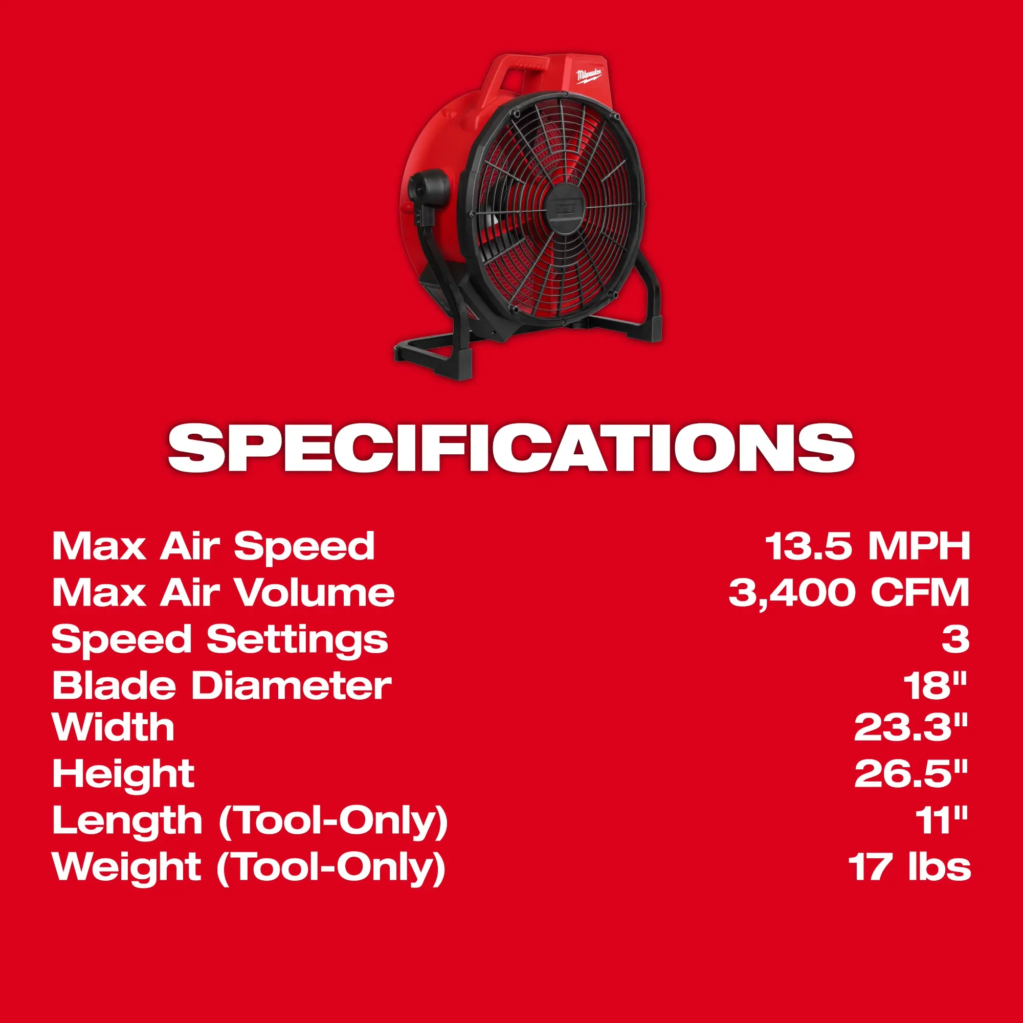 Milwaukee 0821-20, M18 Brushless 18in Fan (Bare Tool) - Image 4