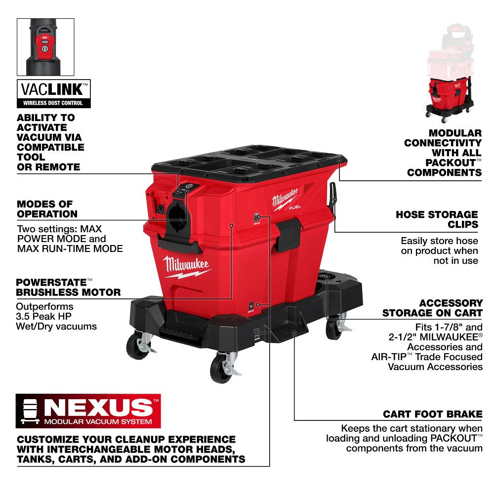 Milwaukee 0914-20, M18 FUEL™ NEXUS™ 6 Gallon Wet/Dry Vacuum w/ PACKOUT™ Compatibility & VACLINK™ - Image 6