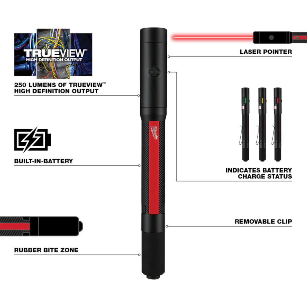 Milwaukee 2010R, Rechargeable 250L Penlight w/ Laser - Image 2