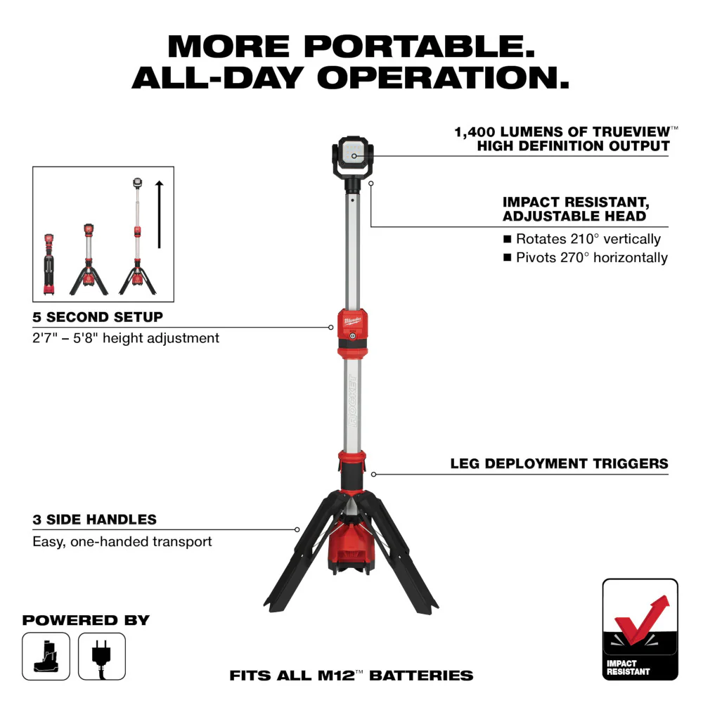 Milwaukee 2132-20, M12 Rocket Dual Power Tower Light (Tool Only) - Image 7