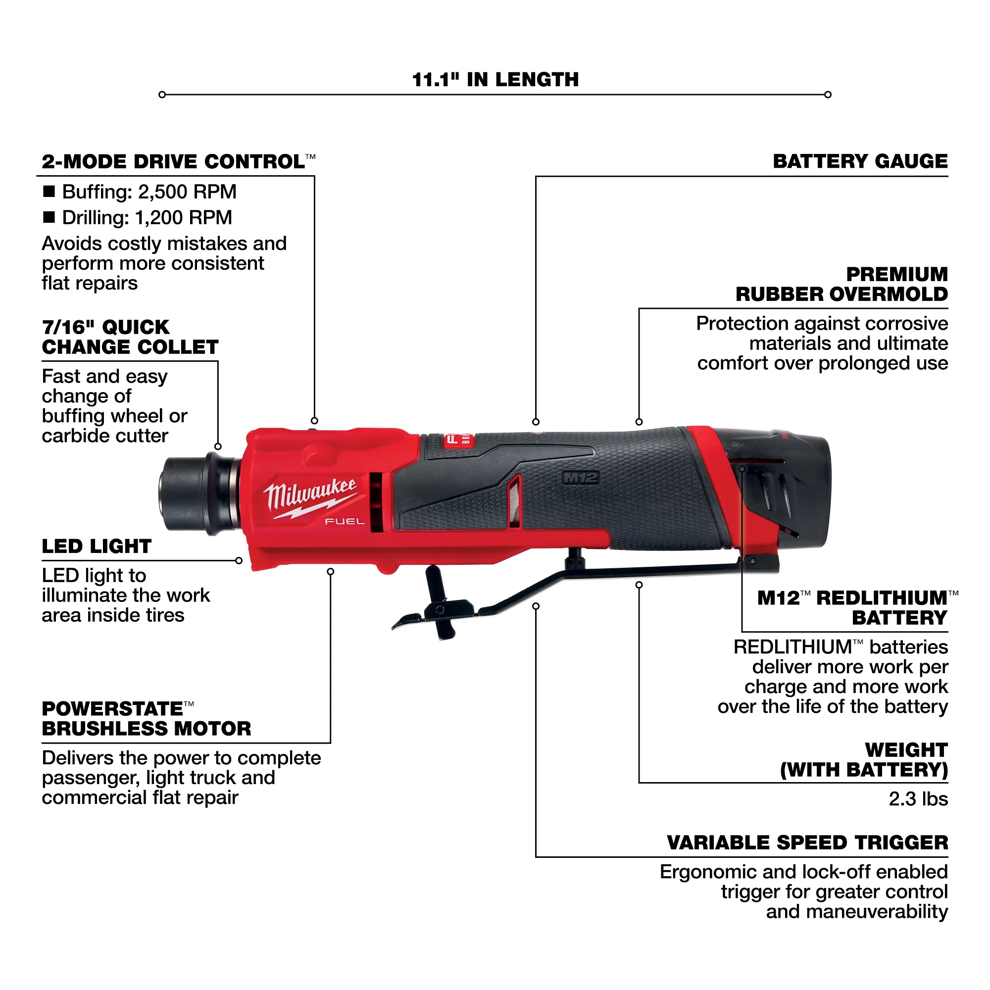 Milwaukee 2409-20, M12 FUEL Brushless Low Speed Tire Buffer (Tool Only) - Image 4