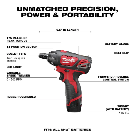 Milwaukee 2482-22, M12™ Screwdriver with Free LED Light and 40 Piece Bit Set - Image 3